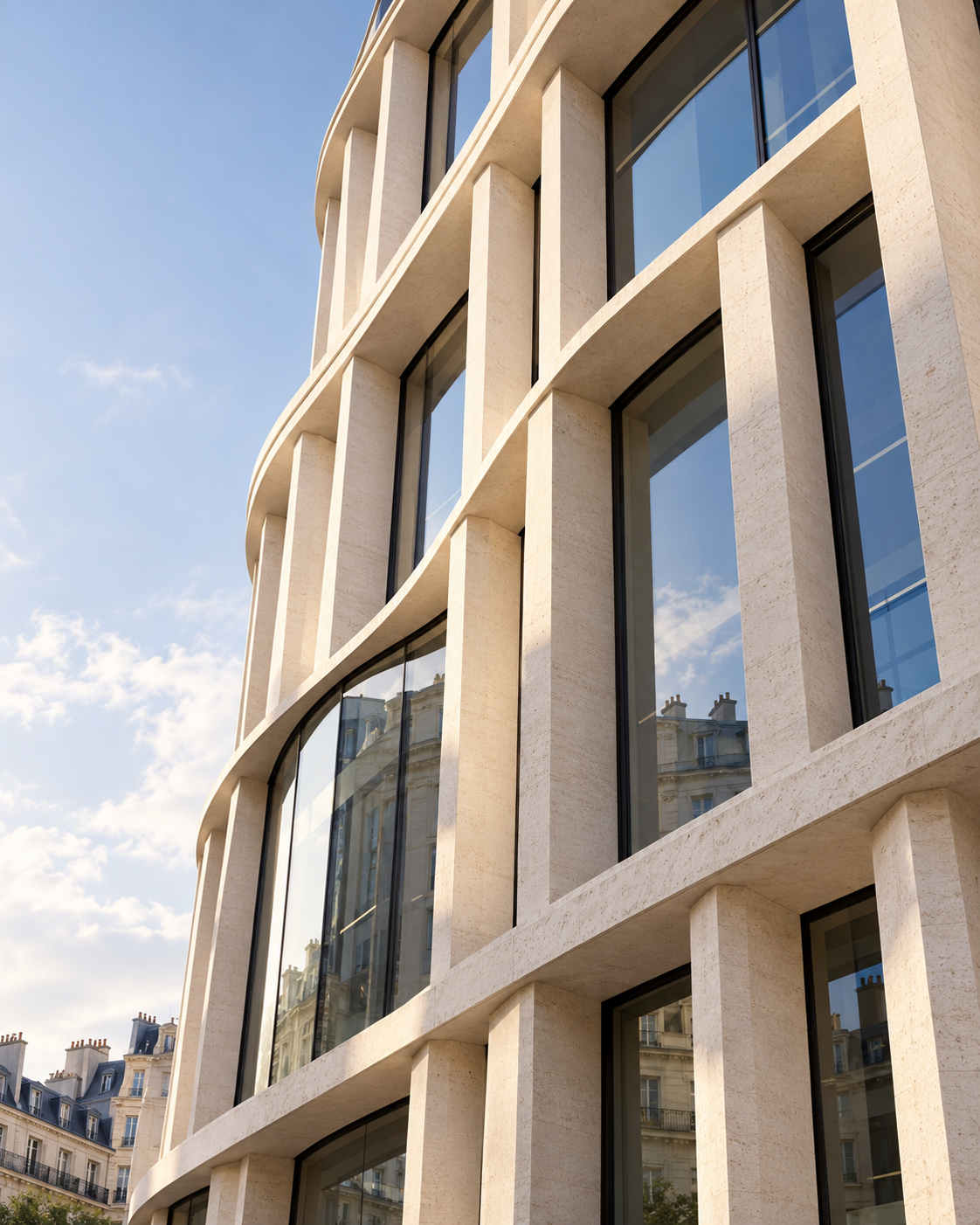 Façade contemporaine en pierre claire et verre, baignée de lumière naturelle